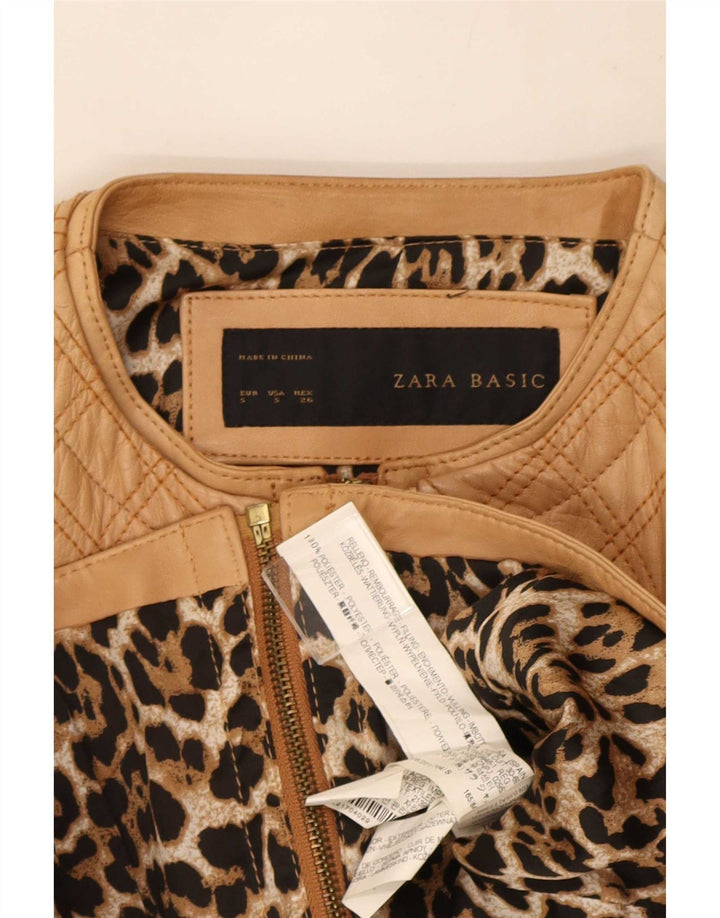 Zara Mujer Crop Chaqueta Acolchada De Piel Sintética UK 8 Small Beige Poliéster