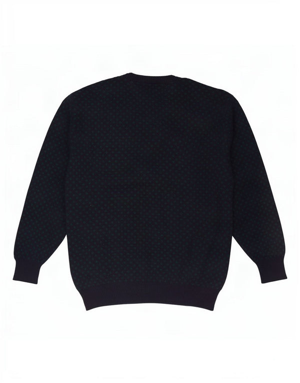 Vintage hombres V-cuello jumper suéter XL azul marino lana geométrica