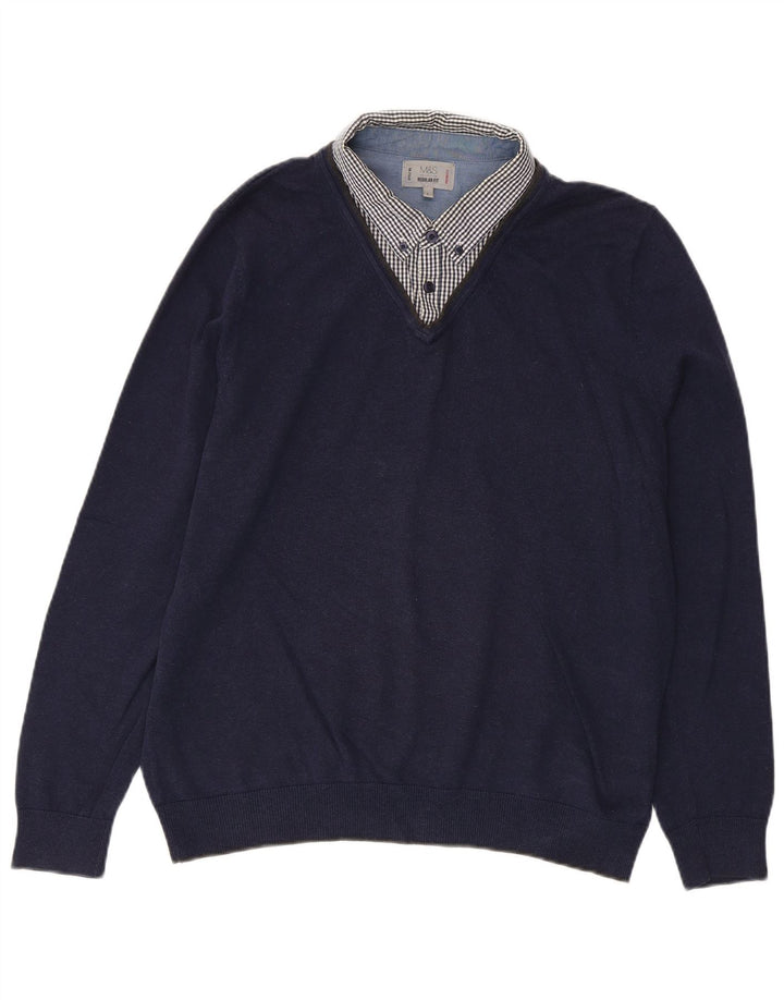 MARKS & SPENCER Suéter tipo jersey con cuello en V para hombre Cuadros grandes en azul marino