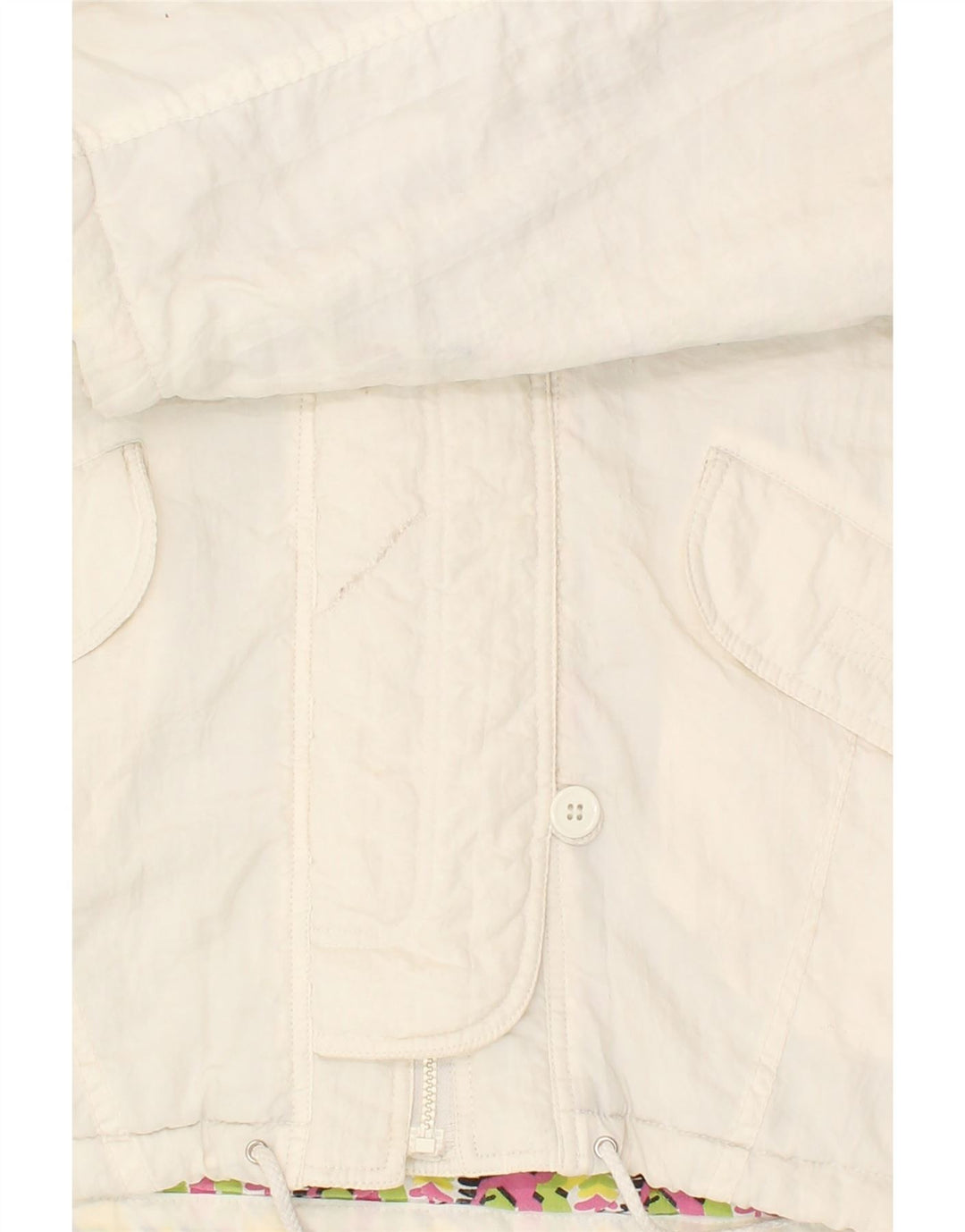 VINTAGE Chaqueta cortavientos con capucha para mujer Reino Unido 14 Poliamida blanca mediana