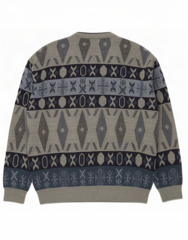 Vintage Mens Cardigan Sweater 2XL Grey Geometric