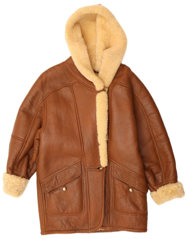 VINTAGE Abrigo de piel de oveja con capucha para mujer Reino Unido 16 Grande Beige Shearling Classic