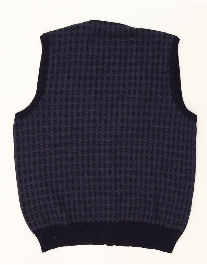 Vintage hombres sin mangas cardigan suéter medio púrpura geométrico