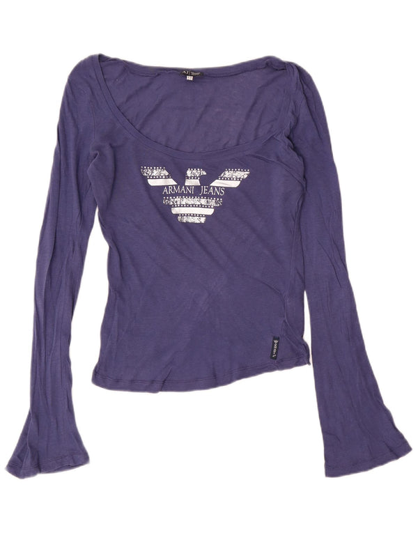 Armani Jeans Mujer Crop Graphic Top Manga Larga UK 44 Algodón Azul Medio