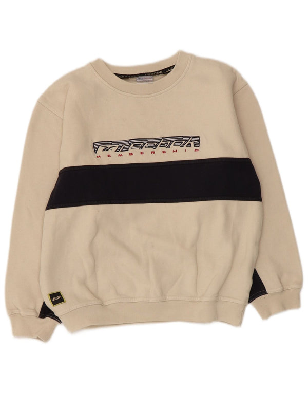 Reebok Sudadera gráfica para niños de 10 a 11 años, tamaño mediano, color beige