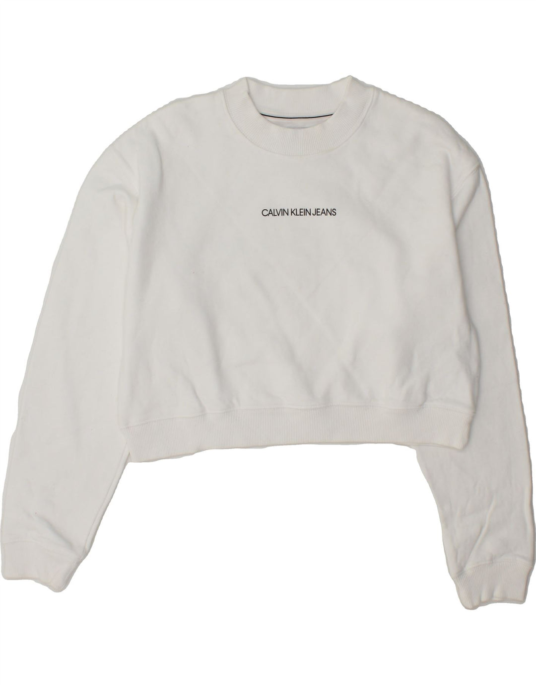 CALVIN KLEIN Womens Oversized Crop Sweatshirt Jumper UK 10 Small White Vintage Calvin Klein and Second-Hand Calvin Klein from Messina Hembry 