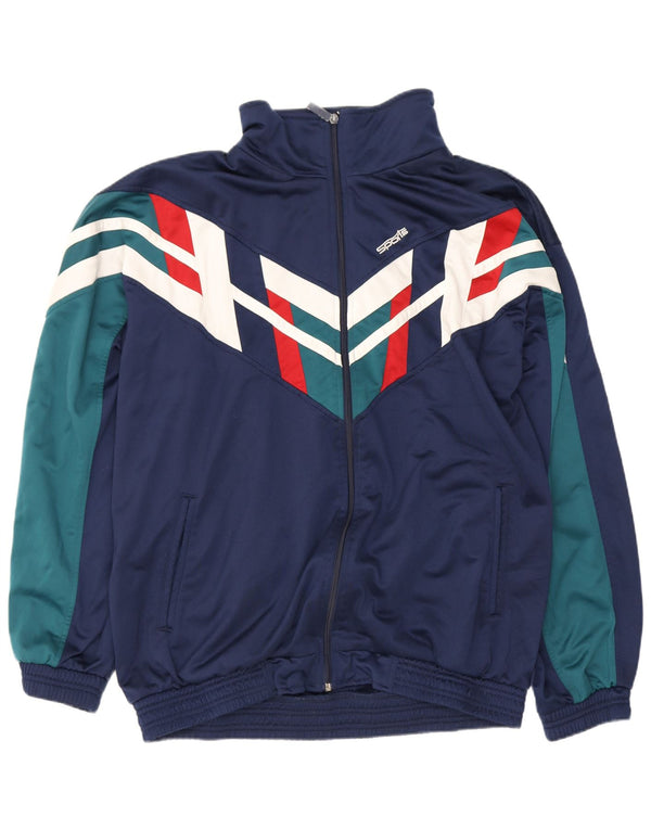 Vintage hombres chándal top chaqueta 2XL azul marino colorblock poliéster