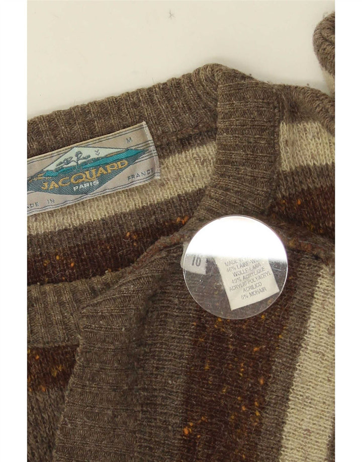 Vintage hombres cuello redondo jersey suéter medio caqui rayas lana