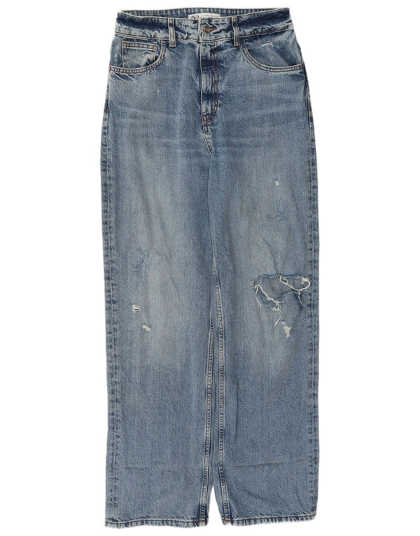 Zara Vaqueros rectos desgastados de cintura alta para mujer EU 40 Medium W30 L31 Azul