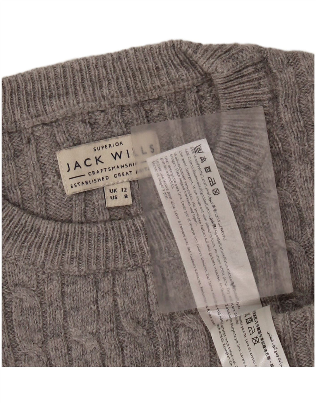JACK WILLS Suéter corto con cuello redondo para mujer UK 12 Lana gris medio