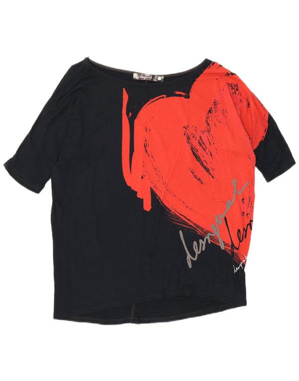 Desigual Top gráfico de corte holgado para mujer, manga 3/4, UK 40, algodón negro mediano