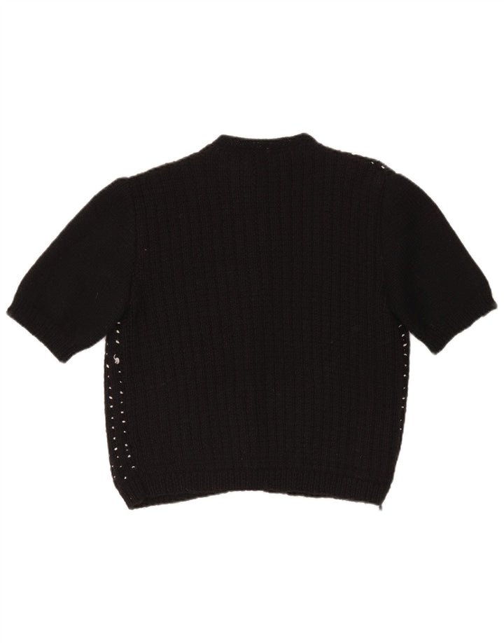 VINTAGE Mujer Crop Cardigan Suéter Reino Unido 14 Grande Negro Manchado