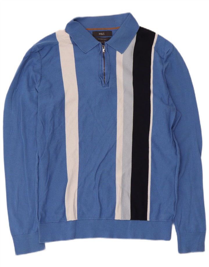 Marks & Spencer Jersey de cuello tipo polo para hombre de algodón a rayas azul medio