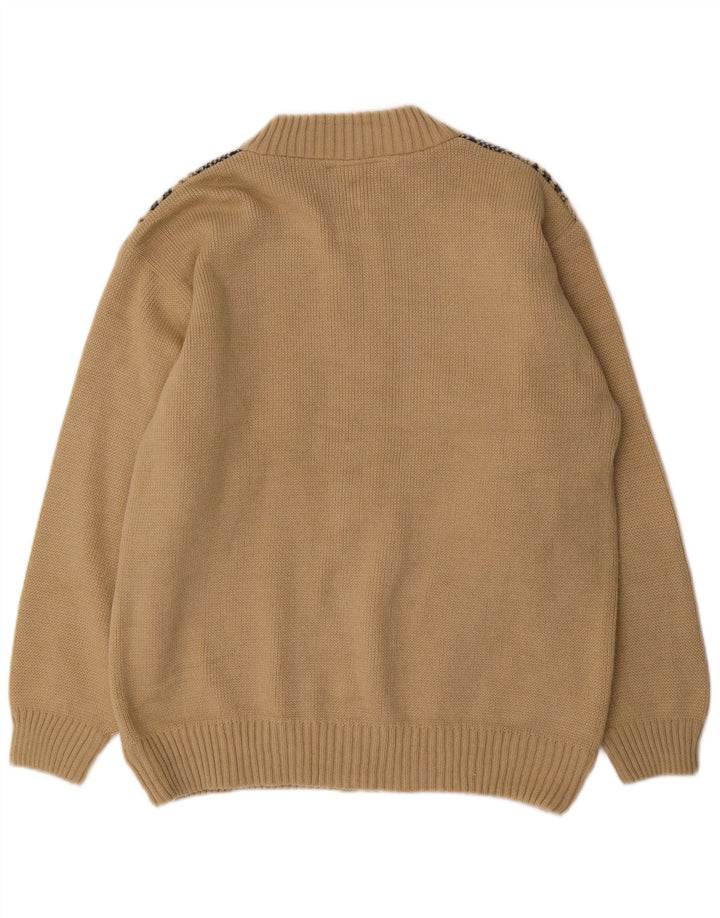 VINTAGE Hombres Cardigan Suéter XL Beige Geométrico Acrílico