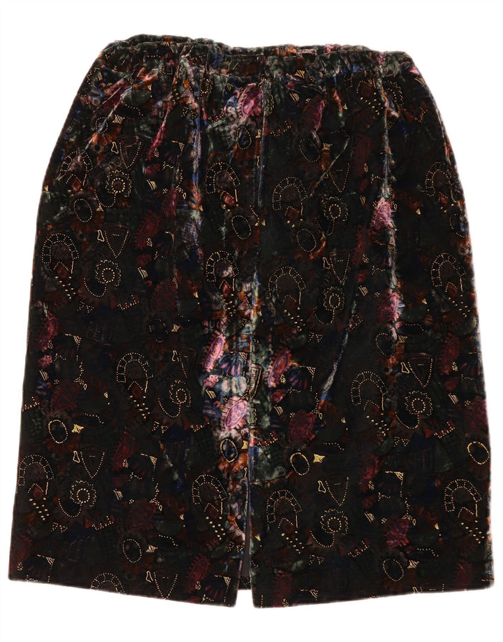 Vintage mujer patrón abstracto terciopelo falda recta W28 medio negro