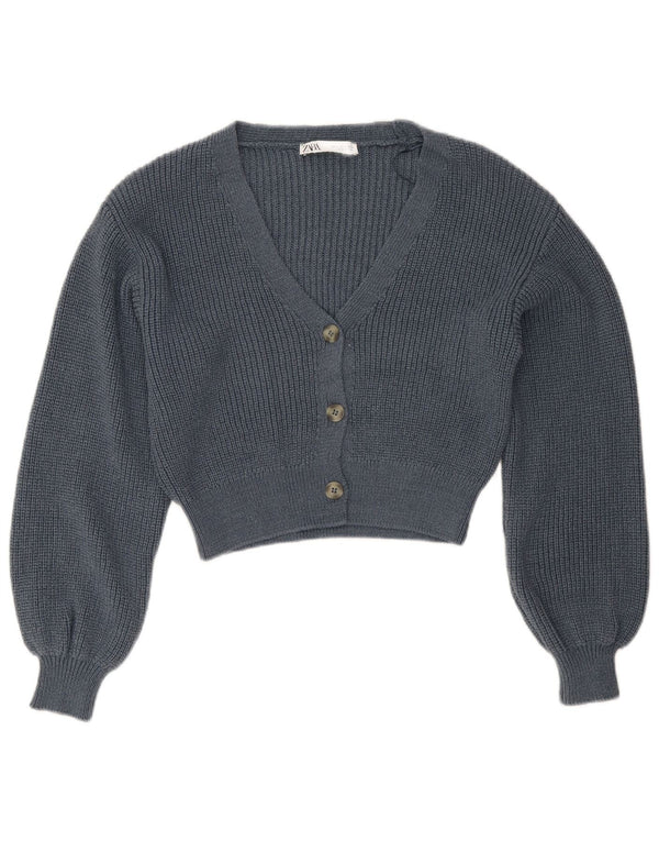 Zara Mujer Crop Cardigan Suéter UK 10 Small Azul Marino Algodón