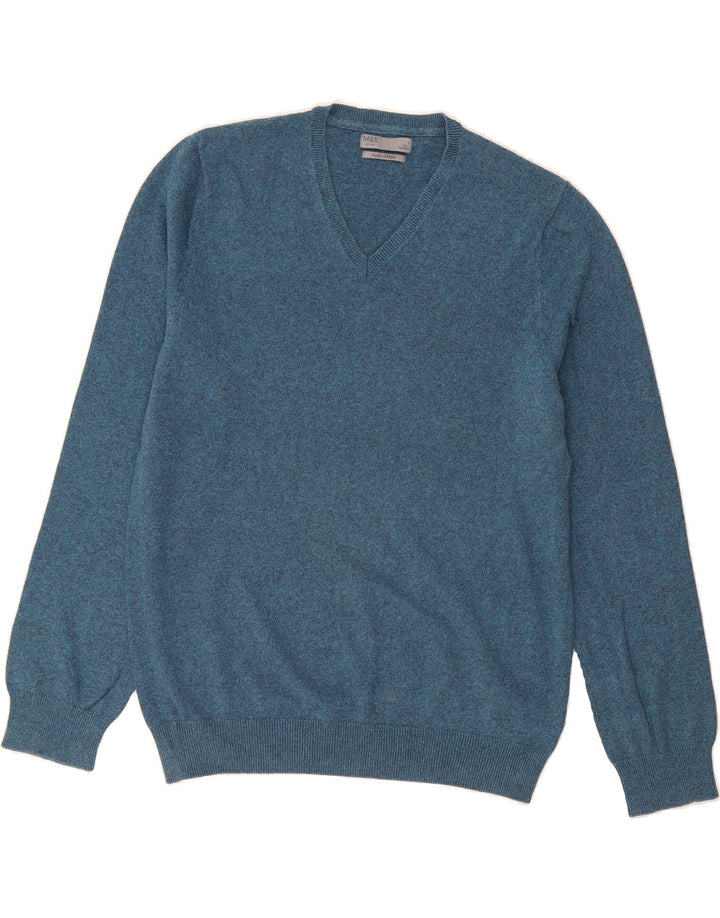 MARKS & SPENCER Mens V-Neck Jumper Sweater Large Blue Cotton Vintage Marks & Spencer and Second-Hand Marks & Spencer from Messina Hembry 