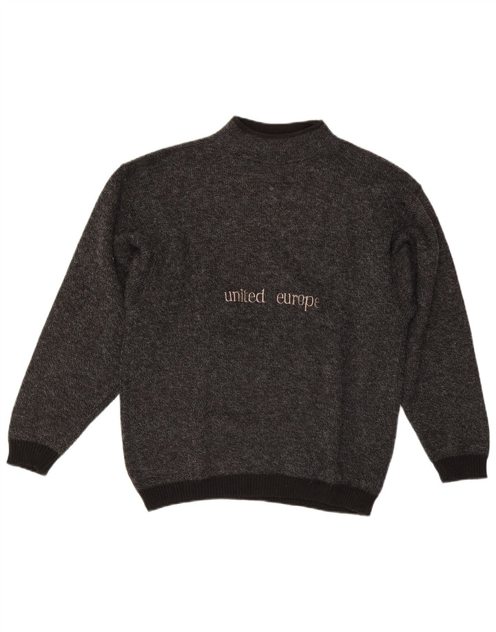 VINTAGE Mens Graphic Turtle Neck Jumper Sweater Medium Grey Wool