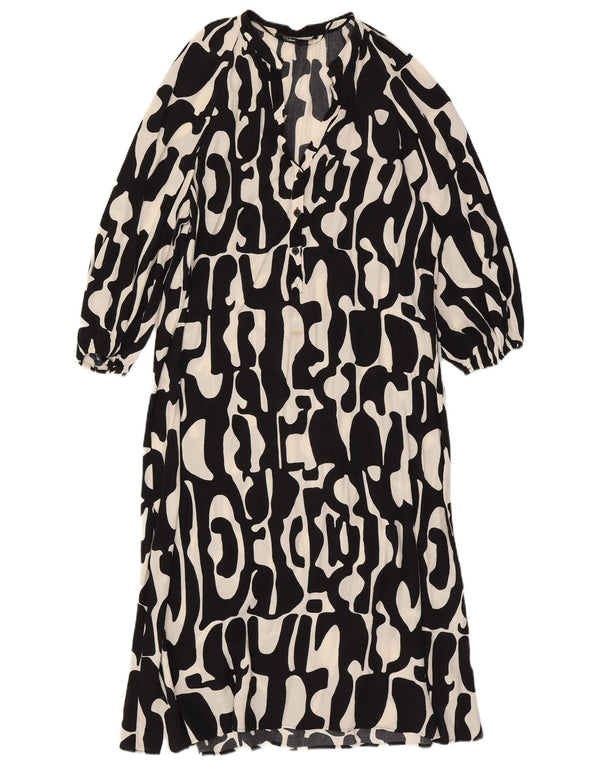 Zara Vestido maxi escalonado con manga 3/4 para mujer UK 46 Grande Negro Geométrico