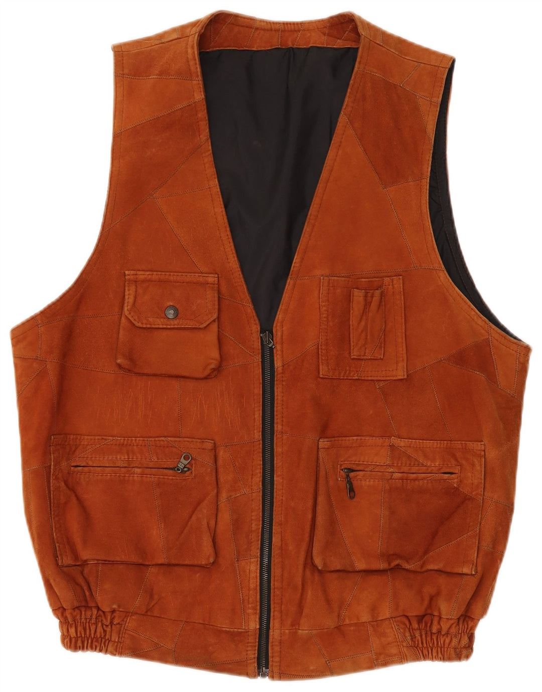 VINTAGE Hombres Ante Gilet Reino Unido 40 Gran Patchwork Marrón