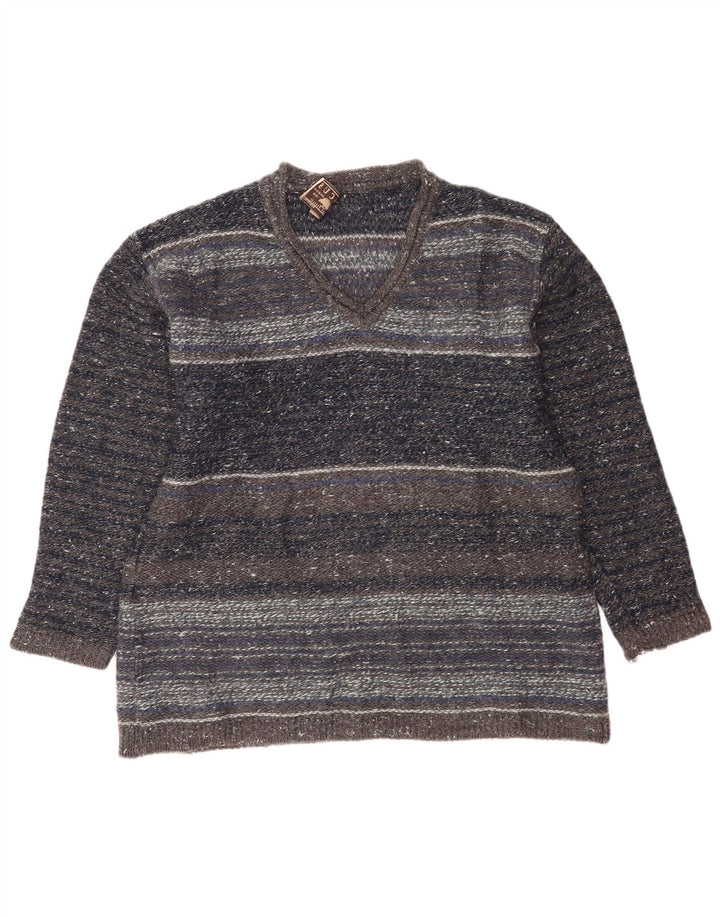 Vintage hombres V-cuello jumper suéter medio gris rayas