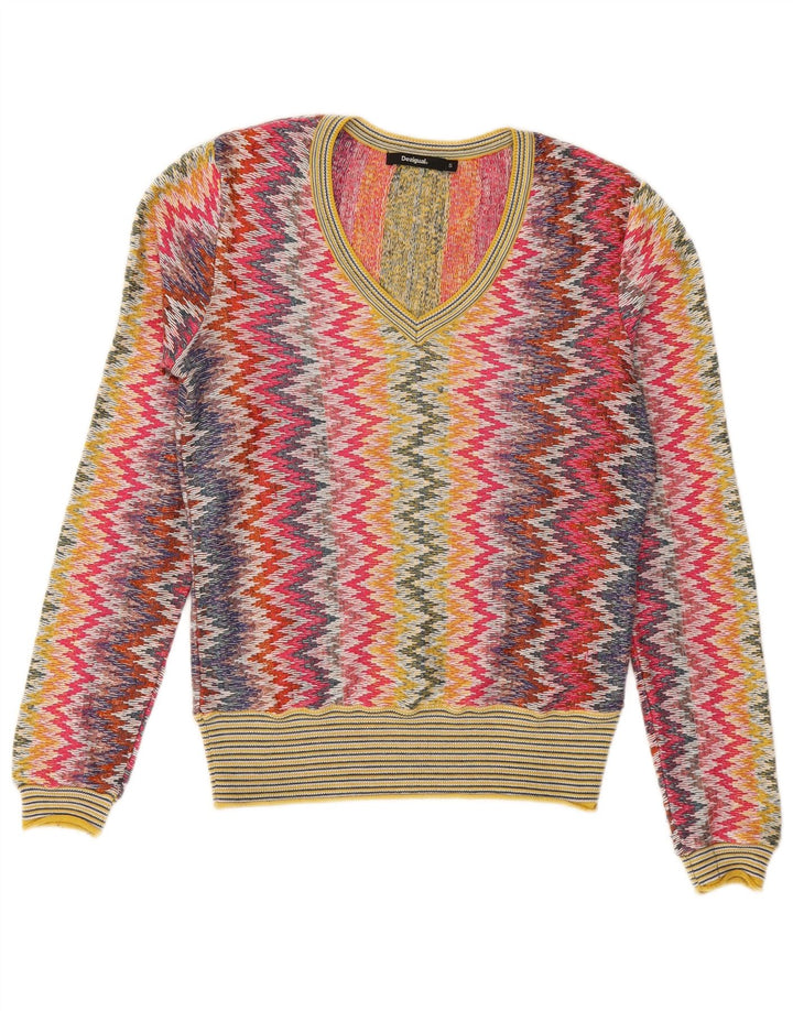 DESIGUAL Suéter con cuello en V para mujer UK 10 Small Multicolor Chevron