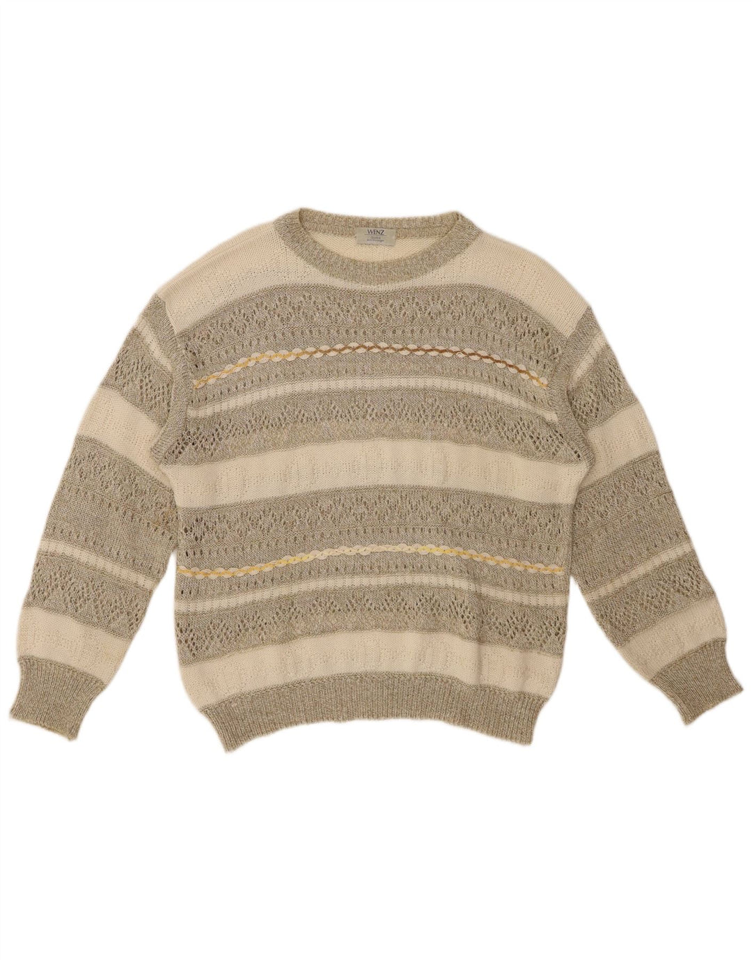 VINTAGE Mujer Barco Cuello Jersey Suéter Reino Unido 14 Algodón Rayado Beige Grande