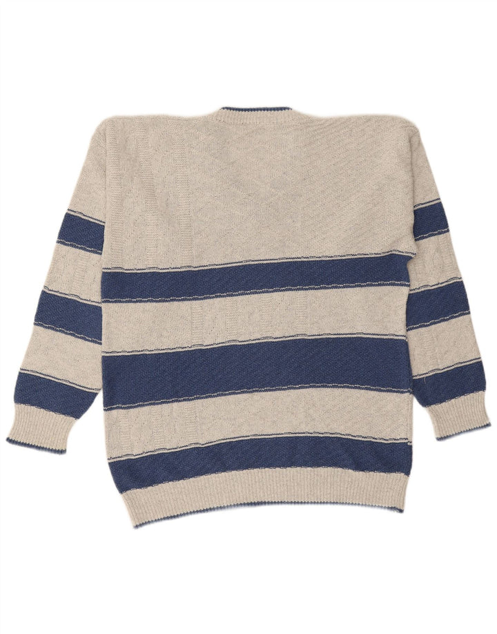 VINTAGE Hombres V-Cuello Jumper Suéter Grande Gris Rayas