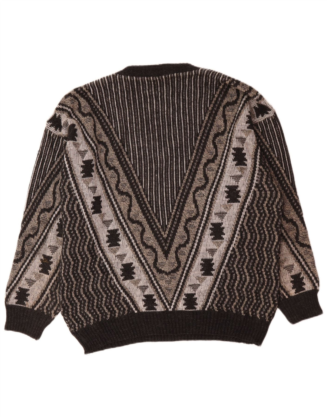 Vintage hombres V-cuello jumper suéter grande gris geométrico