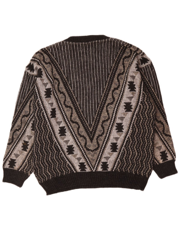 Vintage hombres V-cuello jumper suéter grande gris geométrico