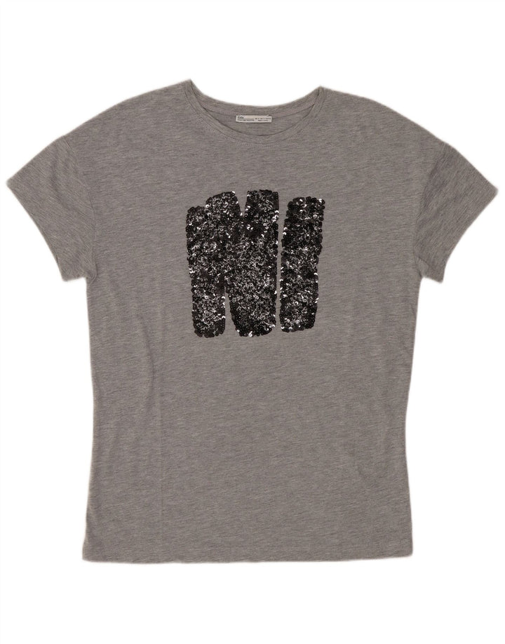 Zara Mujer Camiseta Gráfica Top UK 10 Small Gris Moteado Poliéster