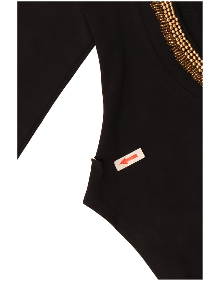 Vintage mujer manga larga body UK 12 algodón negro medio