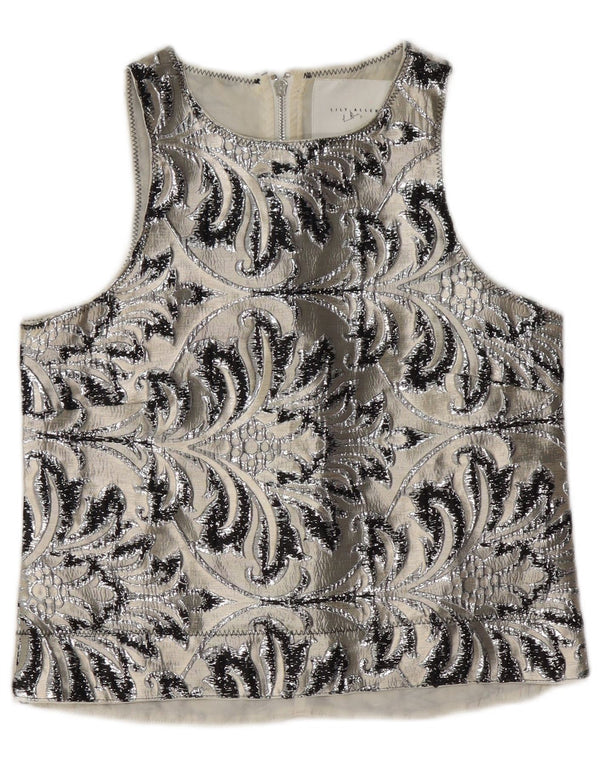 Vintage mujer blusa sin mangas Top Reino Unido 10 pequeño gris Paisley poliéster