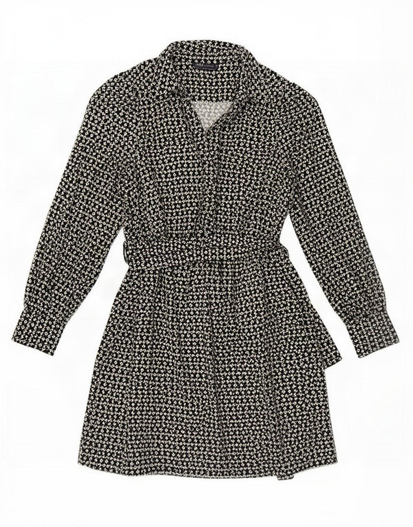 Marks & Spencer Womens Long Sleeve A-Line Dress UK 10 Small Black Geometric