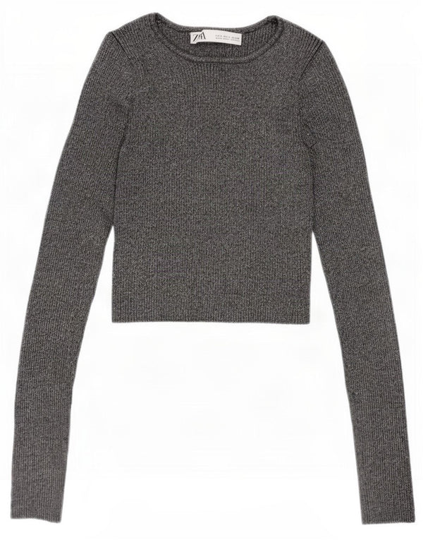 Zara Mujer Blusa Corta Top UK 8 Small Viscosa Moteada Plateada