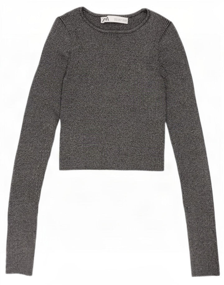 Zara Mujer Blusa Corta Top UK 8 Small Viscosa Moteada Plateada