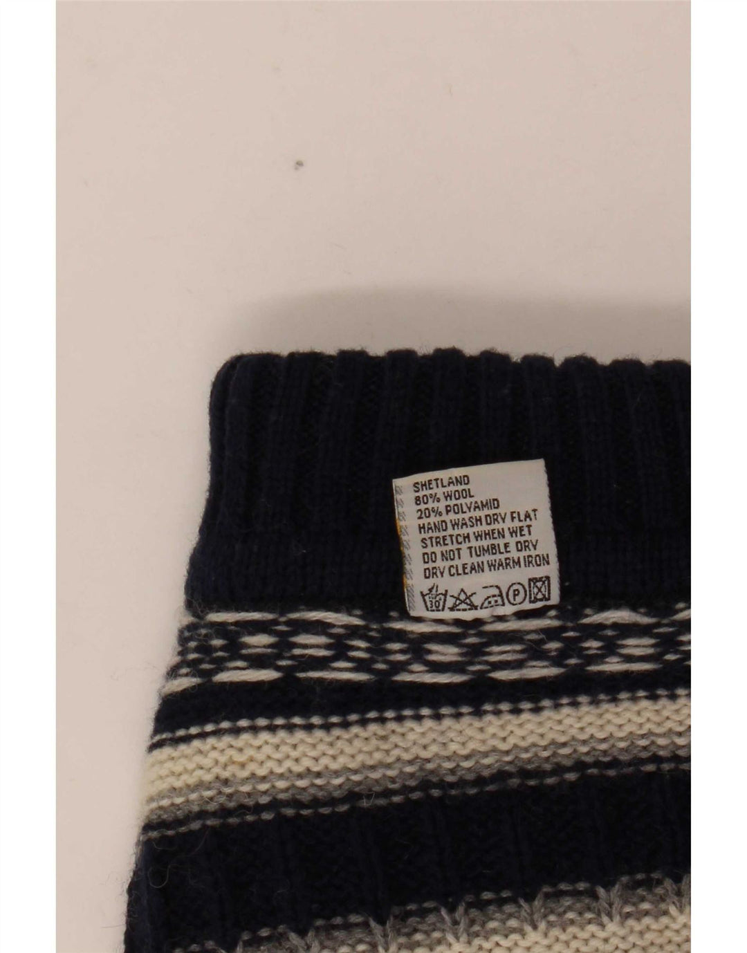 Vintage hombres rollo cuello jersey suéter medio azul marino rayas lana