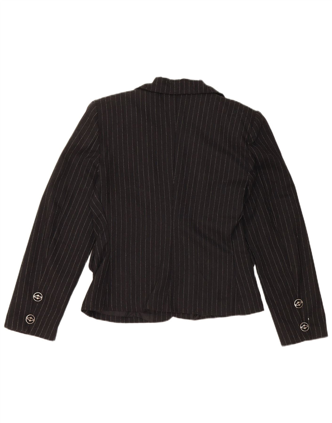 Vintage mujer 3 botones Blazer chaqueta Reino Unido 10 pequeño negro rayas viscosa