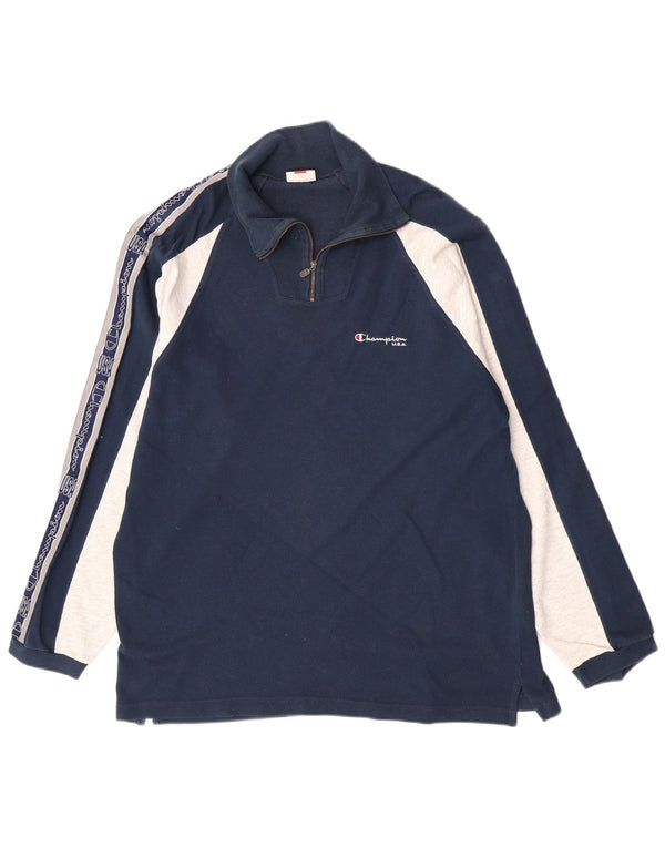 Champion Top gráfico con cuello con cremallera y manga larga en bloques de color azul marino grande para hombre