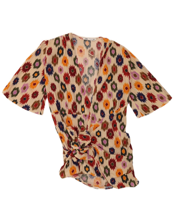 Zara Mujer Top Túnica Con Lazo Frontal Reino Unido 44 Algodón Ikat Beige Medio