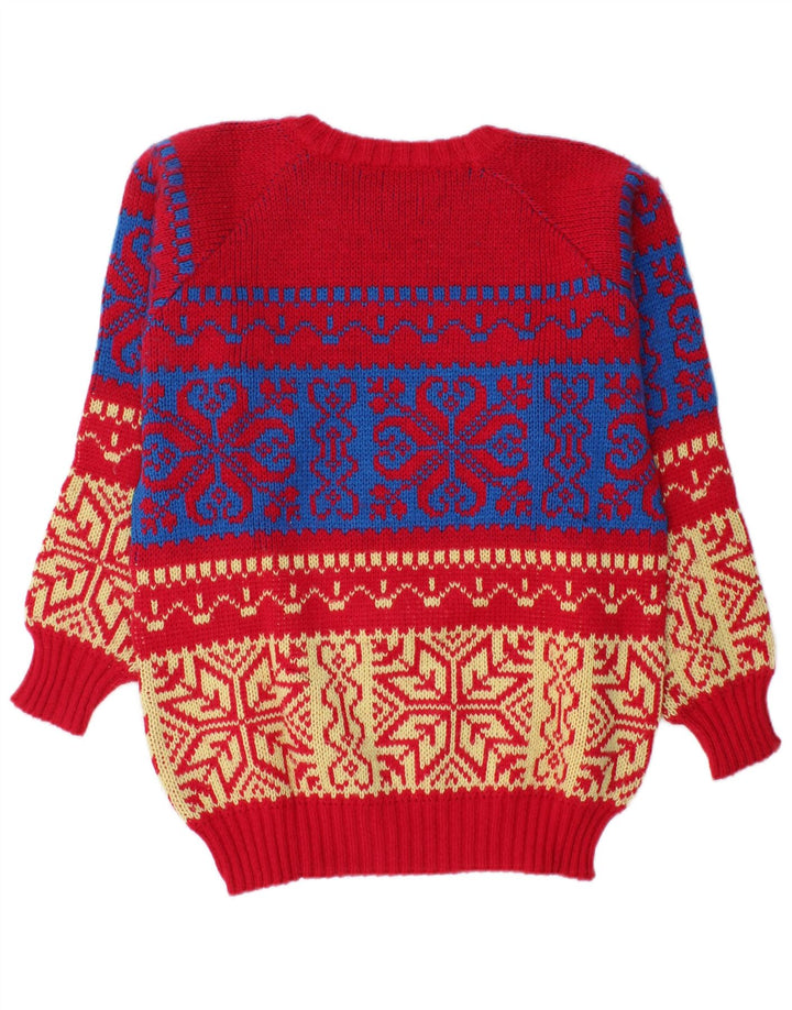 Vintage hombres barco cuello jumper suéter medio rojo Fair Isle