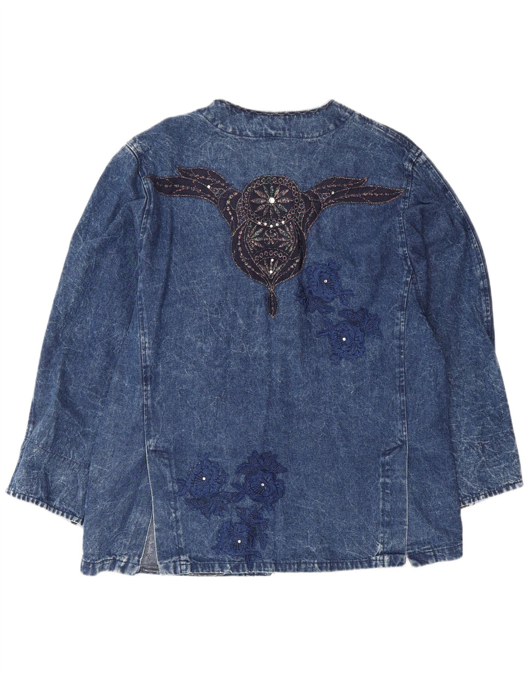 Vintage mujer gráfico suelto ajuste chaqueta de mezclilla IT 42 algodón azul medio
