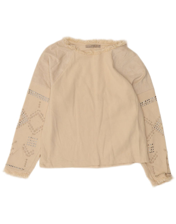 Zara Mujer Blusa De Manga Larga Top UK 10 Small Off White Algodón Geométrico