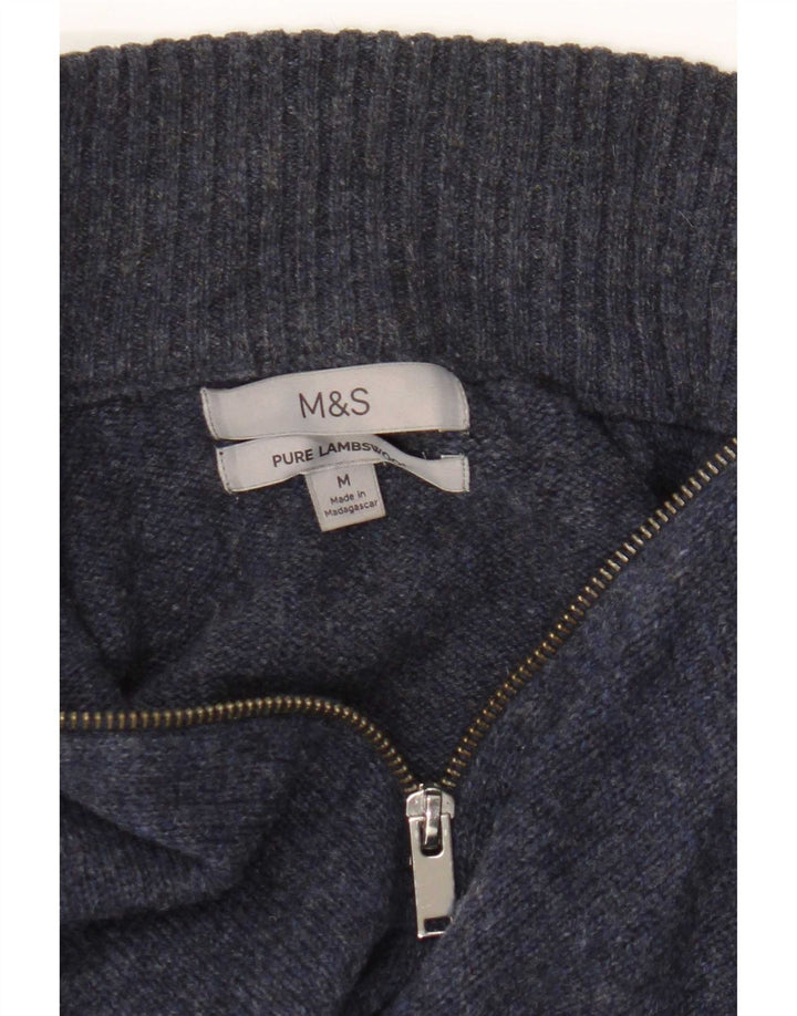 Marks & Spencer Suéter tipo jersey con cuello y cremallera para hombre de lana de cordero azul marino mediano