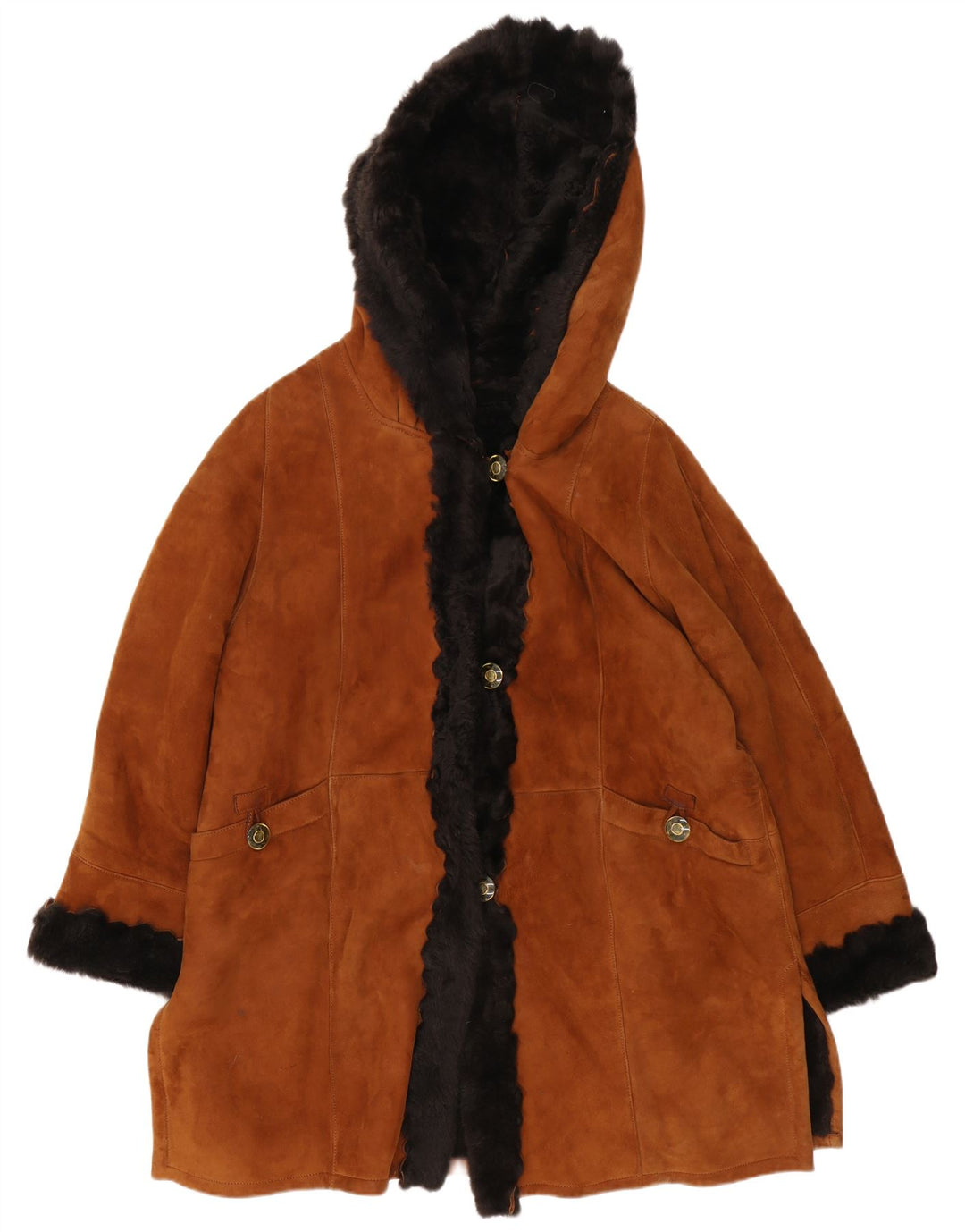 VINTAGE Abrigo de piel de oveja de gran tamaño con capucha para mujer Reino Unido 18 XL Marrón