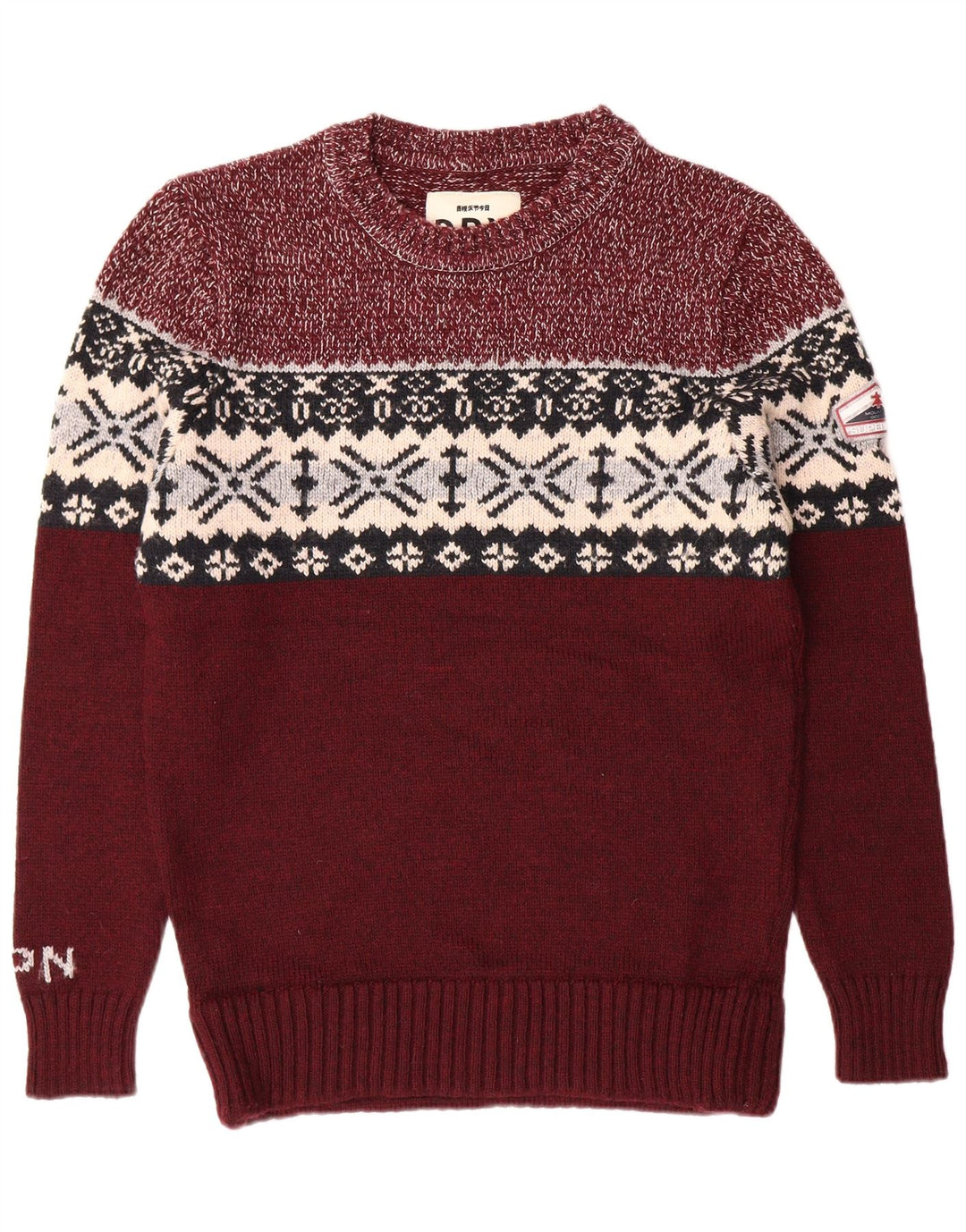SUPERDRY Suéter tipo jersey con cuello redondo para hombre XL Borgoña Fair Isle Classic