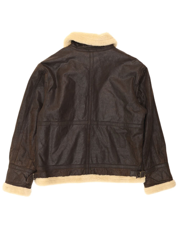 Chaqueta de cuero Sherpa vintage para hombre Reino Unido 38 Bloque de color marrón medio