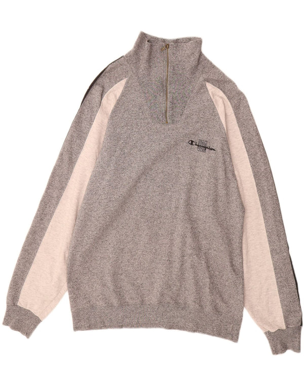 CHAMPION Mens Zip Neck Sweatshirt Jumper Large Grey Colourblock