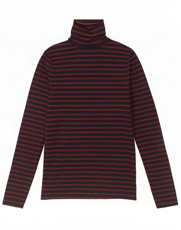 Zara Mujer Top Manga Larga UK 42 Medio Azul Marino Rayas Viscosa