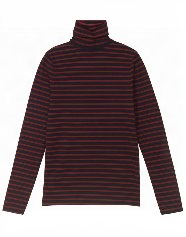 Zara Mujer Top Manga Larga UK 42 Medio Azul Marino Rayas Viscosa
